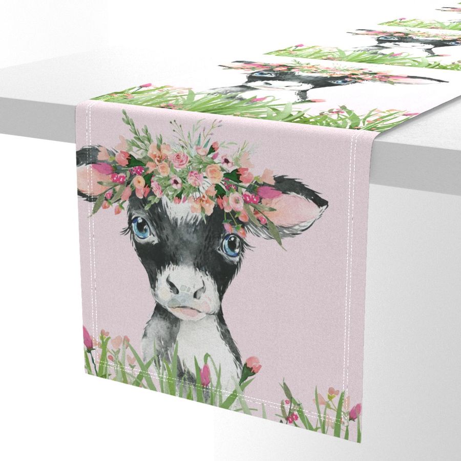 18x18" floral grass baby cow on pink background