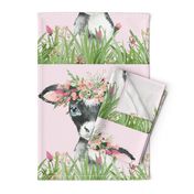 18x18" floral grass baby cow on pink background