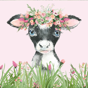 18x18" floral grass baby cow on pink background