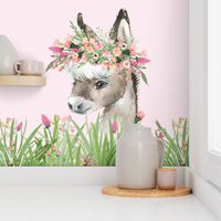 18x18" floral grass baby donkey on pink background