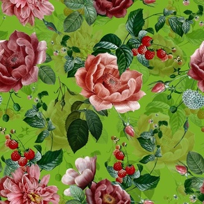 18" Antique Roses With Raspberries and Wild Flowers Shiny Spring Green