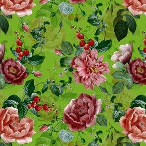 5" Antique Roses With Raspberries and Wild Flowers Shiny Spring Green