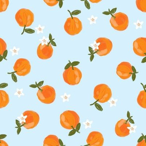  oranges fabric - orange citrus fabric - painted oranges - pastel blue