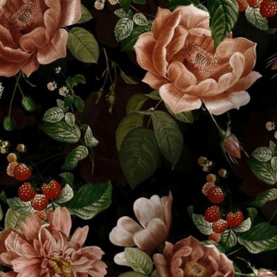 10" Antique Roses With Raspberries and Wild Flowers Black 