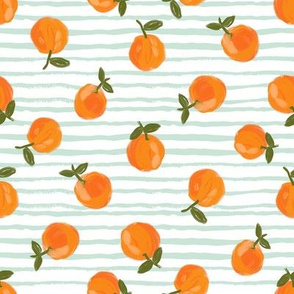  oranges fabric - orange citrus fabric - painted oranges - mint stripes