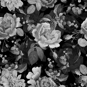 18" Antique Roses With Raspberries and Wild Flowers Black And White