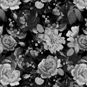 5‘  Antique Roses With Raspberries and Wild Flowers Black And White