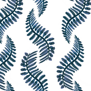 Fern Dance - Blue Watercolor Ferns on White -Vertical