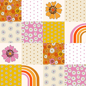 seventies floral quilt - cheater quilt, floral, rainbow quilt - pink