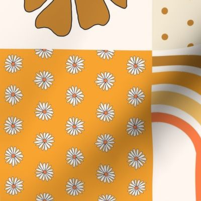 seventies floral quilt - cheater quilt, floral, rainbow quilt - orange/brown