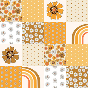 seventies floral quilt - cheater quilt, floral, rainbow quilt - orange/brown