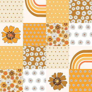 seventies floral quilt - cheater quilt, floral, rainbow quilt -  orange/yellow