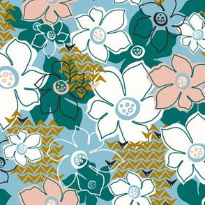 Petals And Pods - Boho Floral - Meadow Blue Regular Scale