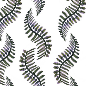 Fern Dance - Wavy Green-Violet Water color Ferns- Vertical