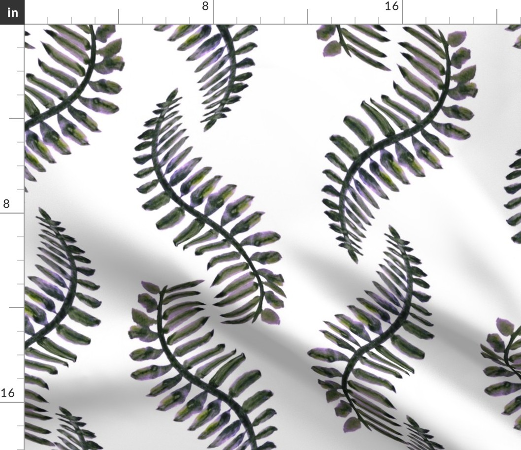 Fern Dance - Wavy Green-Violet Water color Ferns- Vertical