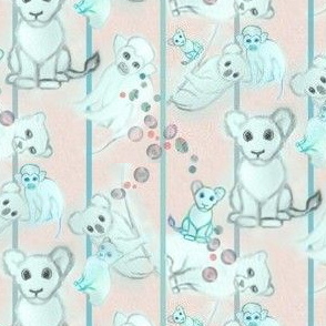 4x5-Inch Half-Drop Repeat of Aqua-Blue Baby Animals on Blush Pink Background