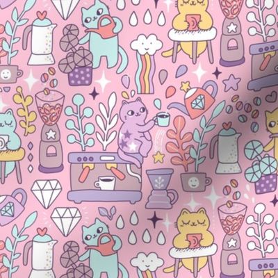 Today’s good mood is sponsored by coffee. Cute pastel cats. Cat illustration.