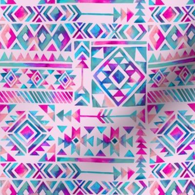 Tribal Summer /  Pink Turquoise on Pink Background / Small Scale