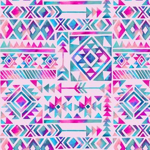 Tribal Summer /  Pink Turquoise on Pink Background / Small Scale