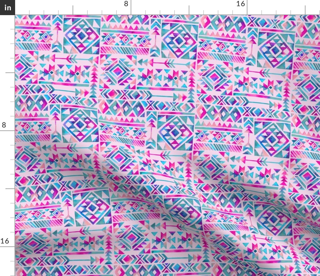 Tribal Summer /  Pink Turquoise on Pink Background / Small Scale