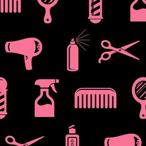 Salon & Barber Hairdresser Pattern in Coral Pink with Black Background (Large Scale)