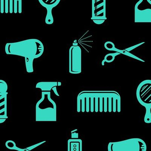 Salon & Barber Hairdresser Pattern in Teal Green with Black Background (Large Scale)