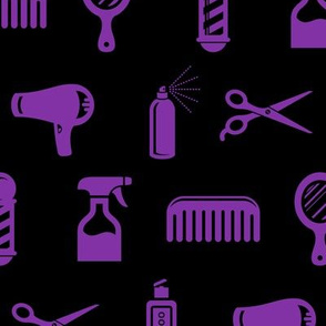 Salon & Barber Hairdresser Pattern in Purple with Black Background (Large Scale)