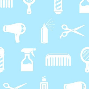 Salon & Barber Hairdresser Pattern in White with Baby Blue Background (Large Scale)