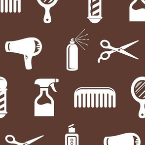 Salon & Barber Hairdresser Pattern in White with Coffee Brown Background (Large Scale)