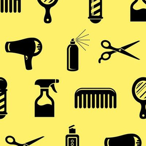 Salon & Barber Hairdresser Pattern in Black with Soft Yellow Background (Large Scale)