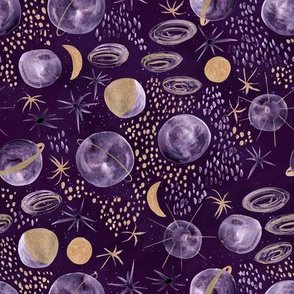 platinum planets - metallic watercolor in violet space