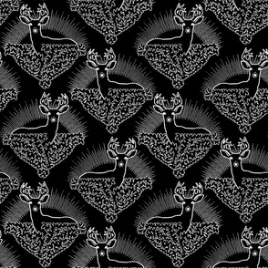 Illustrated Deer Art Black & White Pattern with Black Background