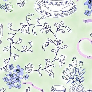 pastel café parisienne / large scale / light green, blue flowers, pink ribbons, macarons, muffins, hand drawn with ink and pen