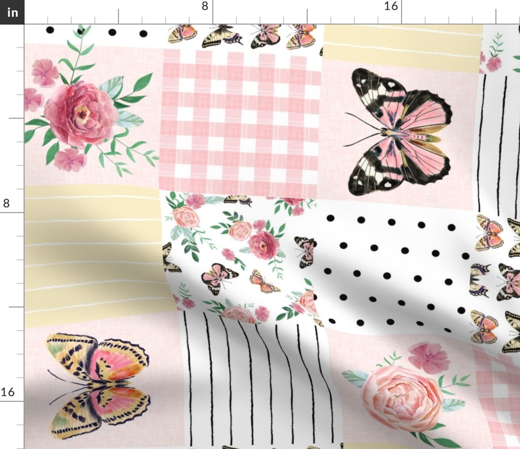 butterfly cheater quilt - pink and yellow butterflies, girls room