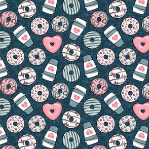 (small scale) nursing donuts and coffee - medical doctor - blue & pink on dark blue - LAD20