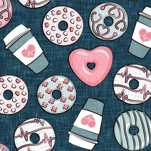 nursing donuts and coffee - medical doctor - blue & pink on dark blue - LAD20