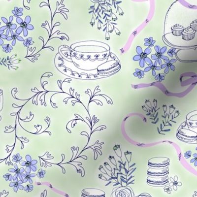 pastel café parisienne - medium scale  / macarons, cupcakes, coffee cups, ribbons, pastel green, pen drawing