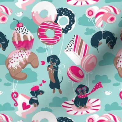 Small scale // Pastel café sweet love dream // aqua background fuchsia pink pastry details blue dachshund dog puppies