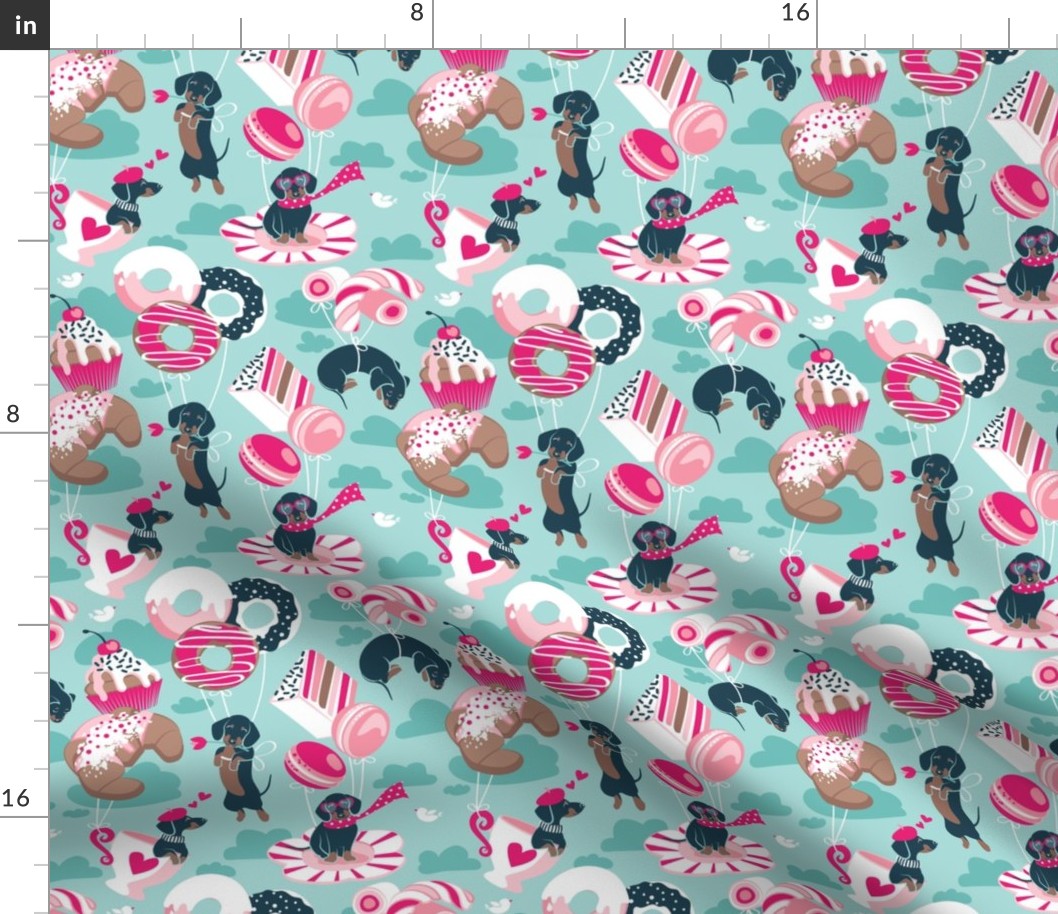 Small scale // Pastel café sweet love dream // aqua background fuchsia pink pastry details blue dachshund dog puppies