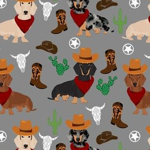 dachshund western fabric - cowboy hat, boots fabric - grey