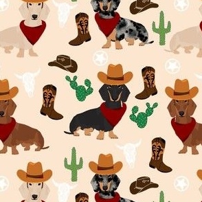 dachshund western fabric - cowboy hat, boots fabric - cream