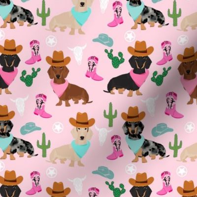 dachshund western fabric - cowboy hat, boots fabric - pink