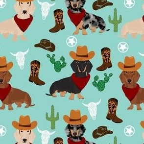 dachshund western fabric - cowboy hat, boots fabric - blue