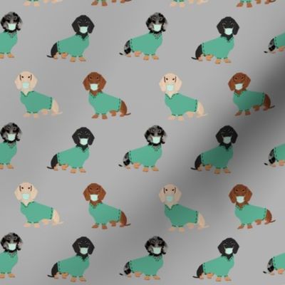 dachshund in scrubs fabric - medical nurse fabric - grey