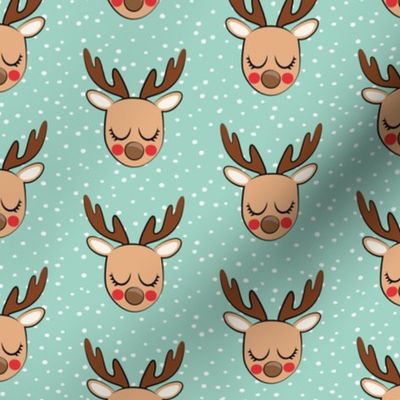 Cute Reindeer - Christmas Holiday fabric - cheeks on mint with polka dots - LAD20