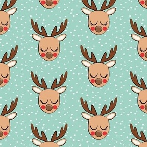 Cute Reindeer - Christmas Holiday fabric - cheeks on mint with polka dots - LAD20