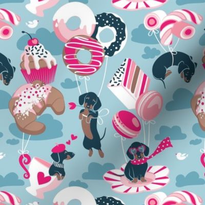 Small scale // Pastel café sweet love dream // pastel blue background fuchsia pink pastry details blue dachshund dog puppies