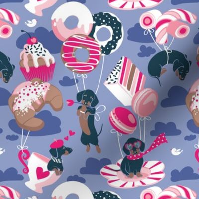 Small scale // Pastel café sweet love dream // indigo blue background fuchsia pink pastry details blue dachshund dog puppies