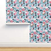 Small scale // Pastel café sweet love dream // pastel blue background red pastry details blue dachshund dog puppies