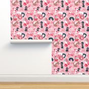 Small scale // Pastel café sweet love dream // pastel pink background fuchsia red details blue dachshund dog puppies